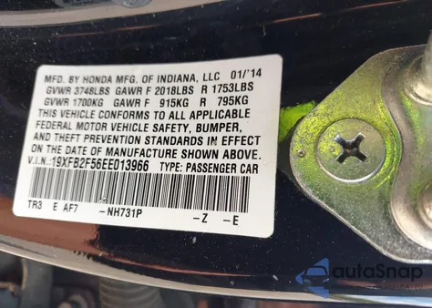 2014 Honda Civic Lx z USA, uszkodzony, nr VIN 19XFB2F56EE013966